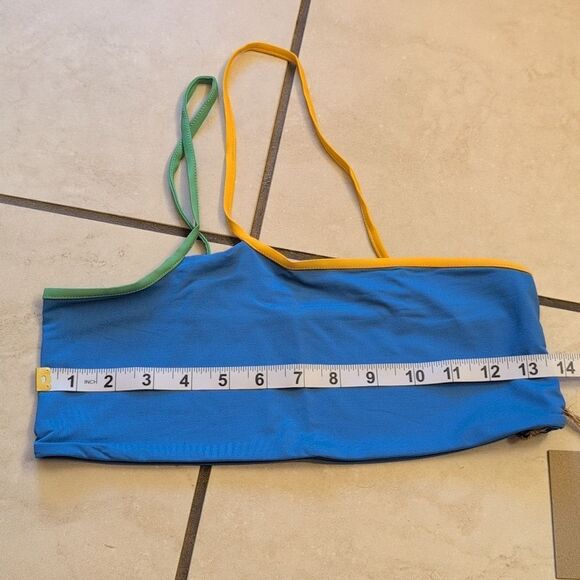 NWT Stone Fox Ibiza One-Shoulder Bikini Top Blue Apple Mint Tranquil Color Block - Picture 2 of 10